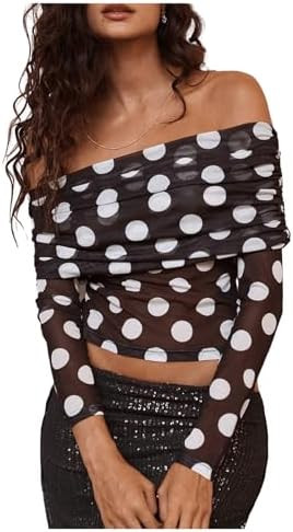 WDIRARA Women's Mesh Polka Dots Off Shoulder Crop Top Ruched Long Sleeve Slim Fit Sheer Tee Shirt | Amazon (US)