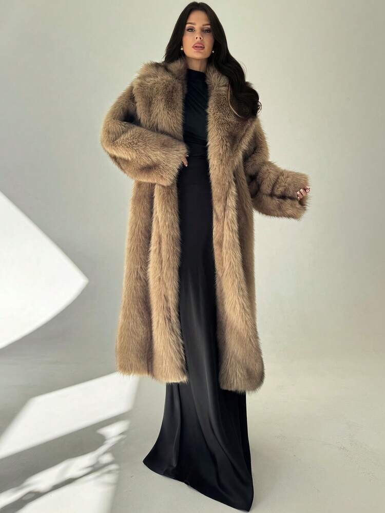 Firerie Women's Elegant Luxury Vintage Street Style Urban Chic Party Date Night Heavily Embellished Ombre Brown Faux Fur Long Coat, Autumn Winter Clothes For Women | SHEIN