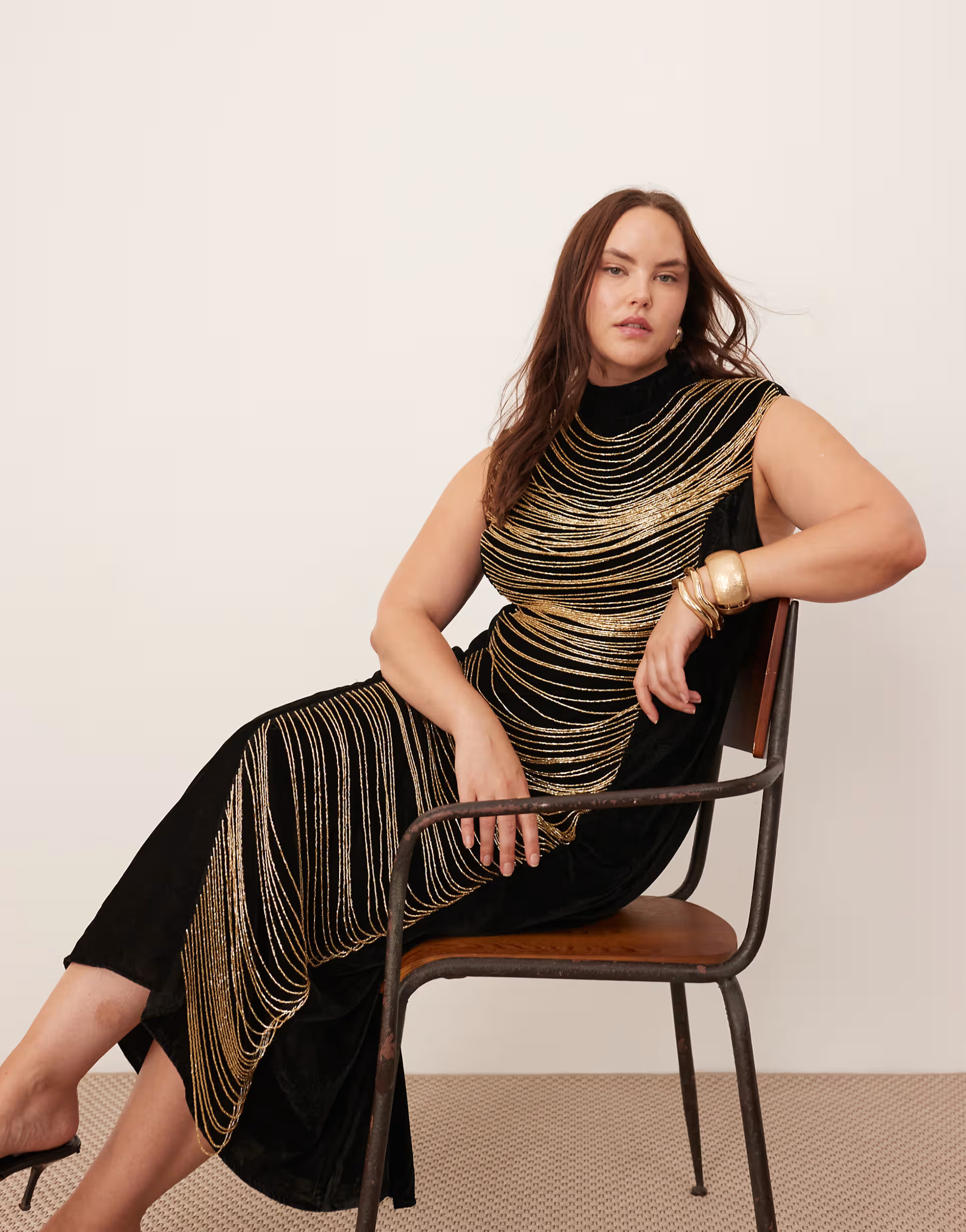 ASOS EDITION Curve velvet embellished contour draped fringe high neck midi dress in black | ASOS (Global)