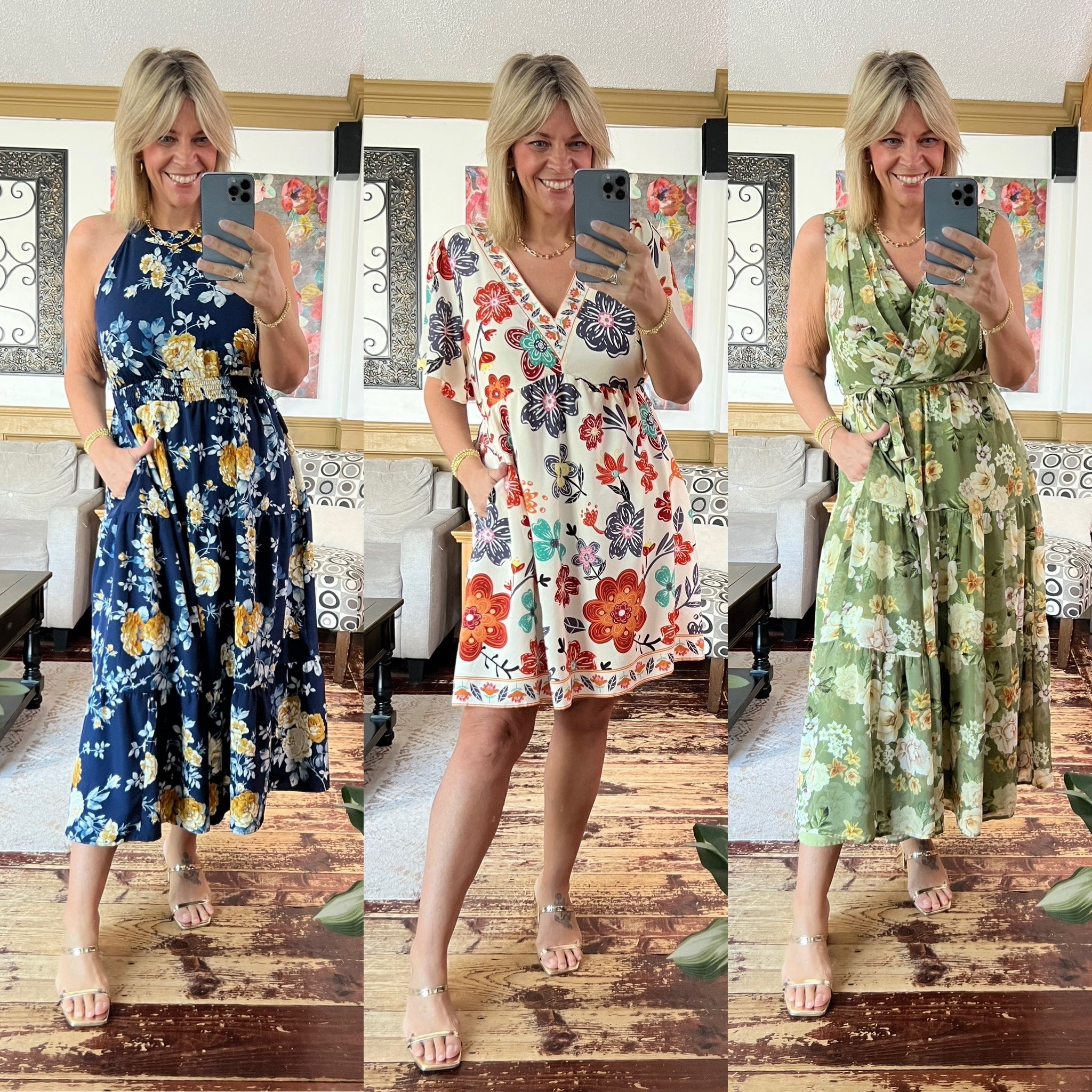 Wearing size 10 in the midi dresses and size 12 in the above the knee style (I could have fit into the size 10). 

#LTKMidsize #LTKOver40 #LTKSeasonal