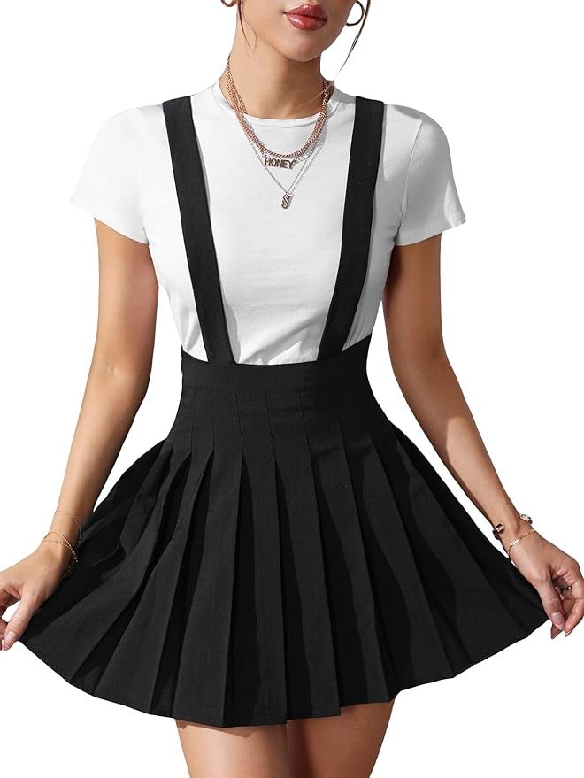 SOLY HUX Women's High Waist Pleated A Line Straps Overall Suspender Skirt | Amazon (US)