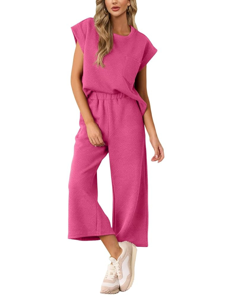 AGSEEM Two Piece Sets for Women Summer Short Sleeve Lounge Sets Cropped Wide Pants Outfits Lounge... | Amazon (US)