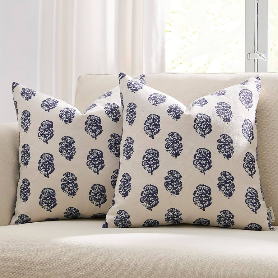 Meekio Set of 2 Navy Blue Patterned Pillow Covers 18x18, Coastal Farmhouse Block Print Decorative... | Amazon (US)