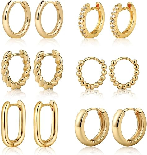 Tasiso Small Hoop Earrings for Women, 6 Pair 14K Gold Plated Huggie Hoop Earrings Lightweight Hyp... | Amazon (US)