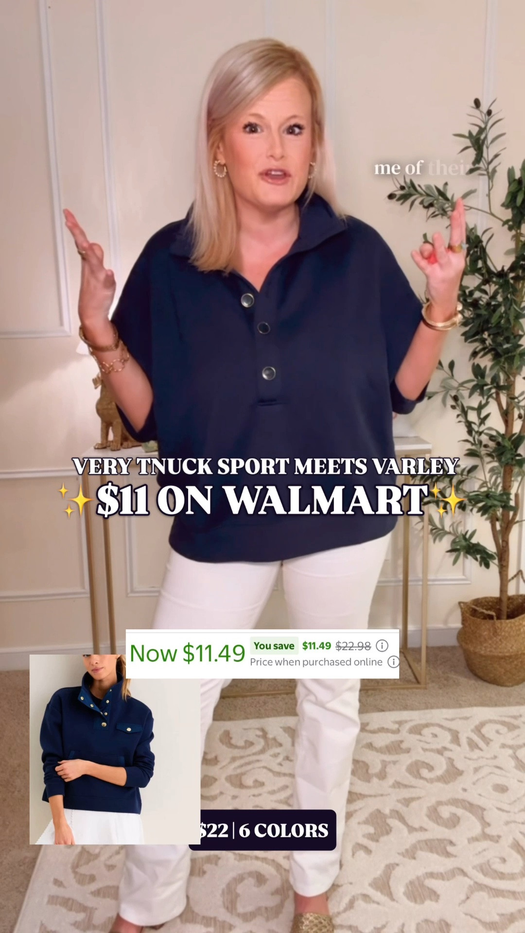 Viral Walmart pullover | $11 Walmart clearance | Tnuck Sport look for less | Varley inspired pullover | navy fall outfit

The navy and gold combination has absolutely no business costing $11.49.

This is where the Tnuck Sport Bailey influence is clearest: high collar, quarter button placket, polished preppy silhouette, and elevated gold finish buttons. Those buttons take it out of regular fleece territory and make it look far more expensive than $11.

The Varley comparison comes from the soft cotton blend fleece, relaxed drape, drop shoulder sleeves, ribbed cuffs, ribbed hem, and DoubleSoft style lounge feel.

I sized up to a large for a comfy oversized fit. I own the cream too. Available in 6 colors.

It went viral and sold out last winter. It came back at $22, which was already a great buy. At $11.49 on Walmart clearance, it costs less than most tees, so the best colors and sizes are not likely to sit.

Wear it with white denim now, then jeans, leggings, joggers, tennis skirts, loafers, sneakers, a quilted vest, barn jacket, trench, or a crisp button down underneath.

Viral Walmart pullover, Walmart clearance, Walmart fall fashion, Walmart fashion finds, Walmart style, Walmart finds, Time and Tru pullover, navy pullover, quarter button pullover, gold button pullover, Tnuck Sport Bailey look for less, Tnuck Sport inspired pullover, Varley inspired pullover, Varley DoubleSoft look for less, preppy pullover, elevated athleisure, fall layer, preppy fall outfit, travel outfit, airport outfit, school pickup outfit, designer look for less

#LTKFindsUnder50 #WalmartFinds #WalmartStyle #LTKSaleAlert #PreppyStyle #FallOutfit #TravelOutfit #LookForLess

#LTKSeasonal #LTKSaleAlert #LTKWorkwear