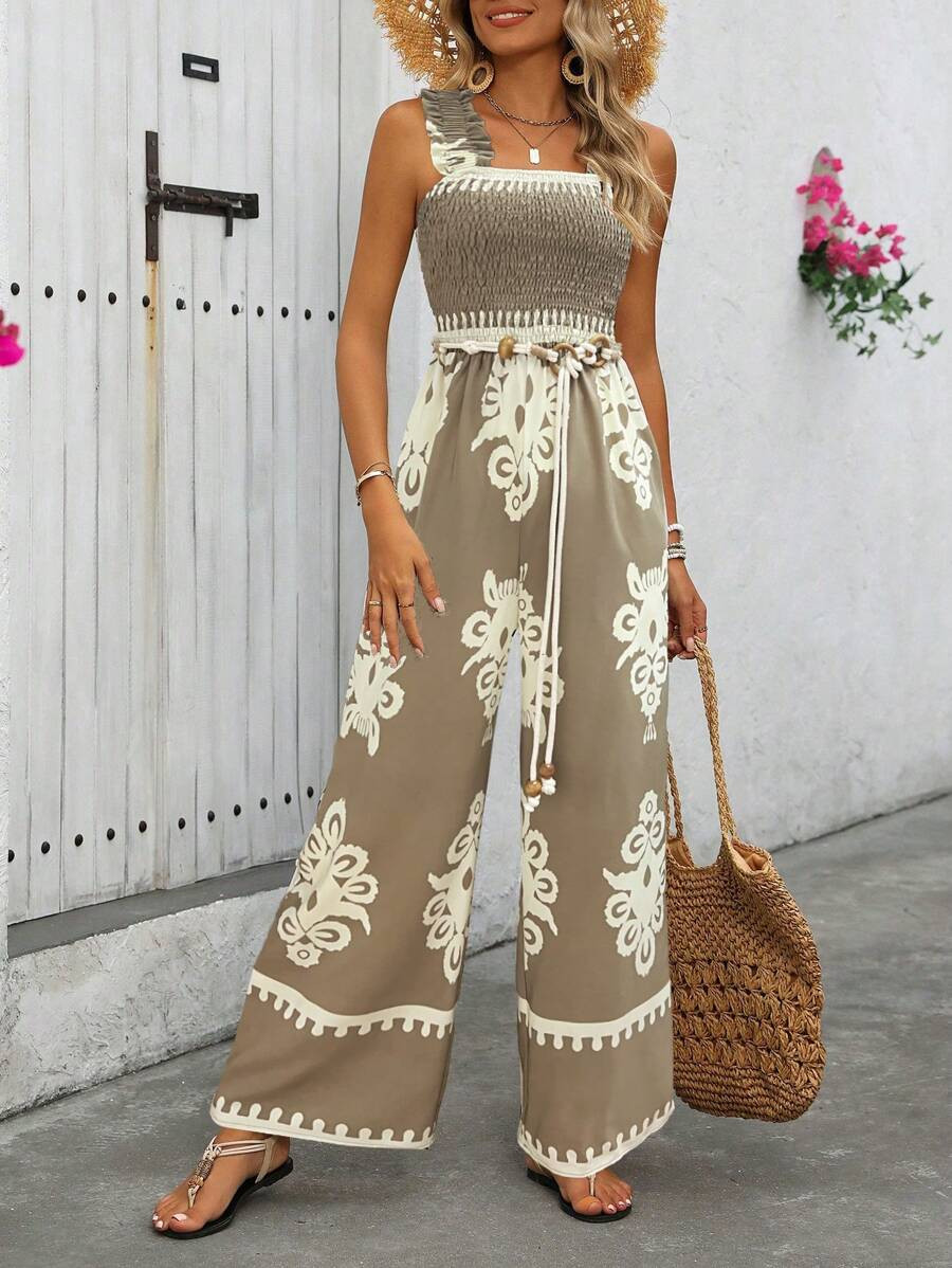 Breezaya Women's Vacation Casual Sleeveless Printed Wide Leg Jumpsuit | SHEIN