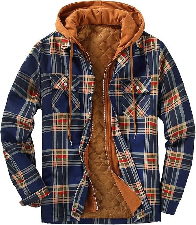 DOSLAVIDA Men's Quilted Lined Flannel Jackets Thicken Hooded Plaid Shirt Jacket Heavyweight Long ... | Amazon (US)