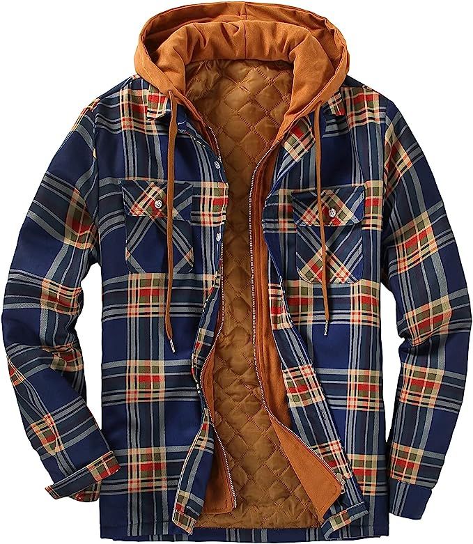 DOSLAVIDA Men's Quilted Lined Flannel Jackets Thicken Hooded Plaid Shirt Jacket Heavyweight Long ... | Amazon (US)