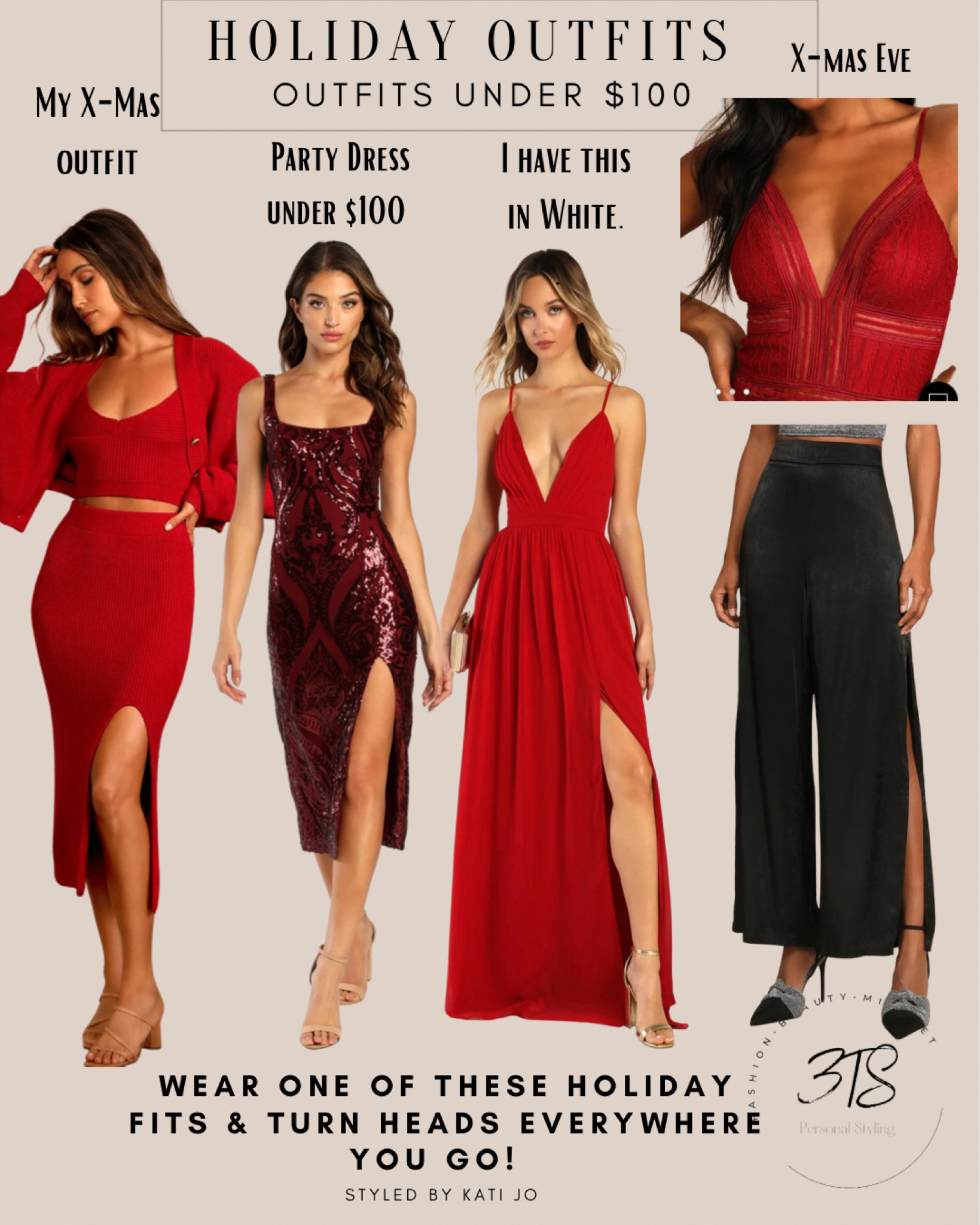  RED Holiday Outfit options! 

I’m wearing the red 3 piece set for X-mas and it’s STUNNING.  

The bodysuit and trousers are perfect for X-mas Eve or any holiday party and 

I own the red maxi dress in white. It’s one of the most beautiful dresses I’ve ever worn! 

Everything is under $100 and I wear a size small. 

I linked some more of my favorite pieces that I own and love! 

Happy Shopping! 