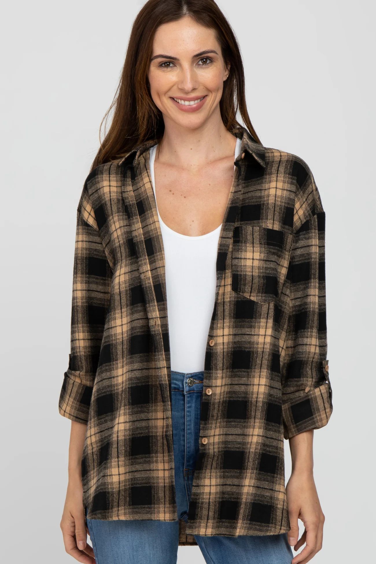 Taupe Black Plaid Button Down Top | PinkBlush Maternity