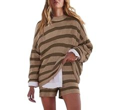 LAMISSCHE Womens Oversized Lounge Sets 2 Piece Outfits Striped Matching Pajama Set Long Sleeve Sw... | Amazon (US)