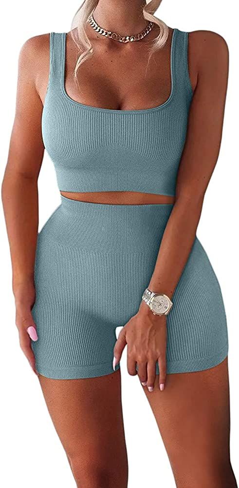 Women's Workout Sets Ribbed Tank 2 Piece Seamless High Waist Gym Outfit Yoga Shorts Sets | Amazon (US)