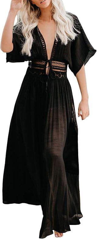FANCYINN Womens Long Lace Cover up Sheer Bikini Coverups Kimono Tie Front Bathing Suit Swimsuit B... | Amazon (US)