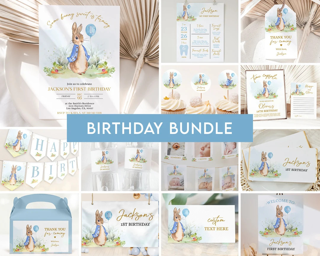 Peter Rabbit First Birthday Party Bundle, EDITABLE Flopsy Bunny Party Invitation, Blue Boy Bunny ... | Etsy (Global)