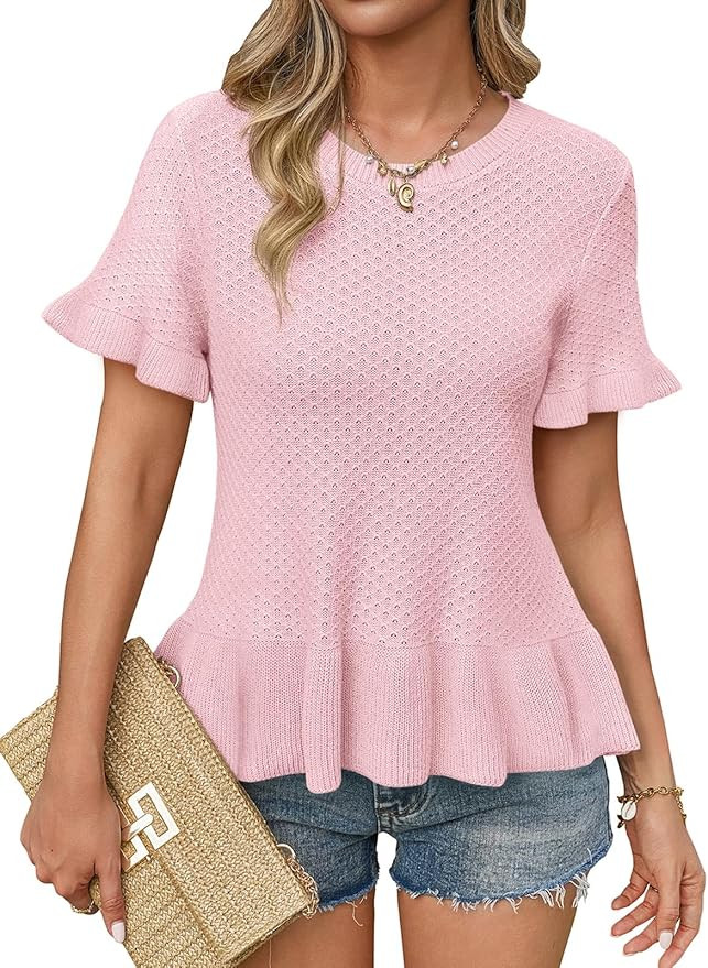 Yousify Womens Short Sleeve Sweater Round Neck Ruffled Hem Texture Knit Pullover Shirt Summer Bea... | Amazon (US)