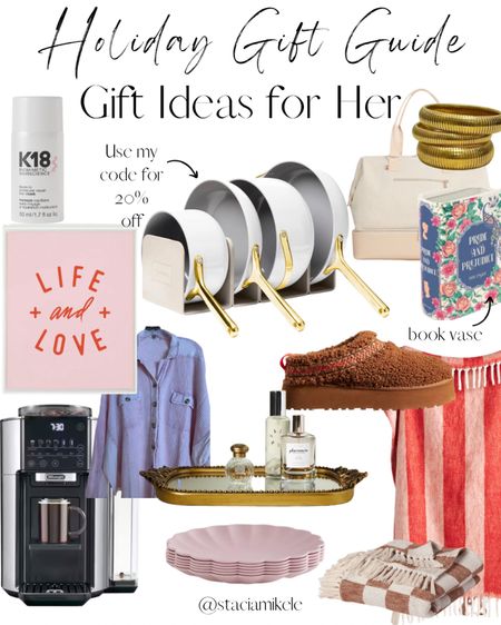 Holiday gift ideas for her.
Thank you so much looking at my profile gift guide including the following items:

 Caraway Pots and Pans (I'm obsessed with their new gold varieties). Use my LINK for 20% your purchase.

K-18 Hair Mask and Mini version

Life and Love Wall Art

De'Longhi True Brew. I did a collaboration with them for this item and it's SO CONVENIENT. Any size, in less than a minute and it tastes good.

Free People Scout Top: been drooling over this for a year, but at $128, it's gift status.
Primrose Vanity Tray from Anthropologie is to die for
Scalloped plates (need I say more? how cute)
Gold Bangles
Weekender Bag
Pride and Prejudice vase that looks like a book
Shorti Uggs
Striped Blanket and Checkerboard Option from TargetSale

#LTKGiftGuide #LTKHoliday
