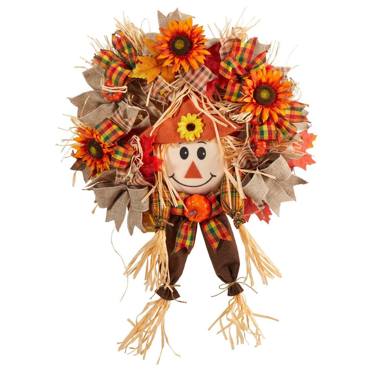 Nearly Natural 30” Scarecrow Fall Artificial Autumn Wreath with Sunflower, Pumpkin and Decorati... | Target