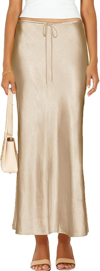 Womens Satin Silk Maxi Skirts Drawstring Flared Casual A-Line Long Skirt for Women | Amazon (US)