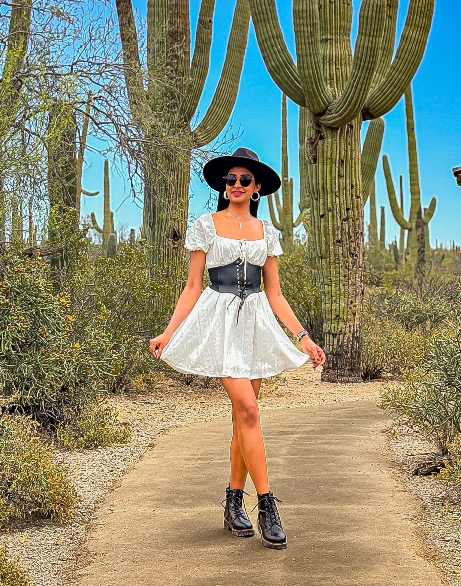 Spring time in desert🌵🤍🖤

Summer outfit, spring outfit, desert outfit, white dress, corset belt, black boots, lace up boots, black fedora, outfit inspiration, ootd

#LTKSeasonal #LTKtravel #LTKstyletip