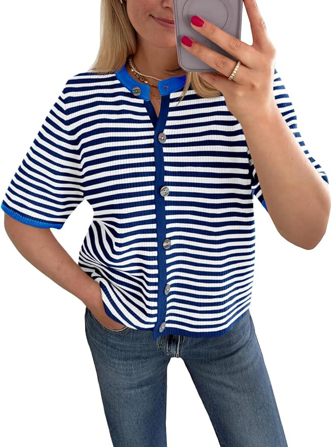 Saodimallsu Womens Short Sleeve Cardigans Lightweight Striped Button Down Crew Neck Spring Summer... | Amazon (US)