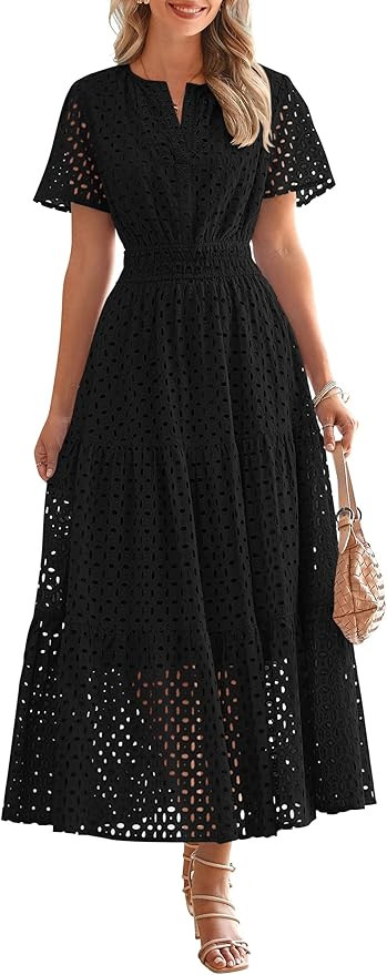 PRETTYGARDEN Womens 2025 Summer Maxi Dress Short Sleeve V Neck Hollow Out Eyelet A Line Long Flow... | Amazon (US)