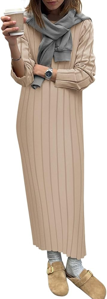 Yousify Womens 2024 Trendy Fall Long Sleeve Sweater Dresses Casual Round Neck Split Hem Bodycon S... | Amazon (US)