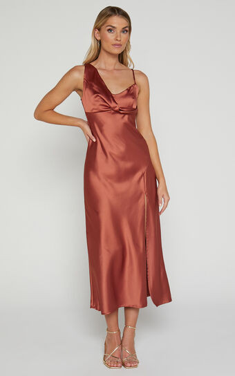Adessa Midi Dress - Drape Detail Split Hem Dress in Copper | Showpo (US, UK & Europe)