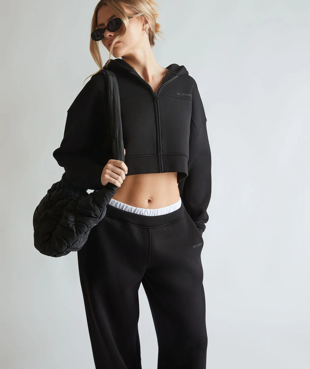 Cropped Zip Through Hoodie - Black | Six Stories