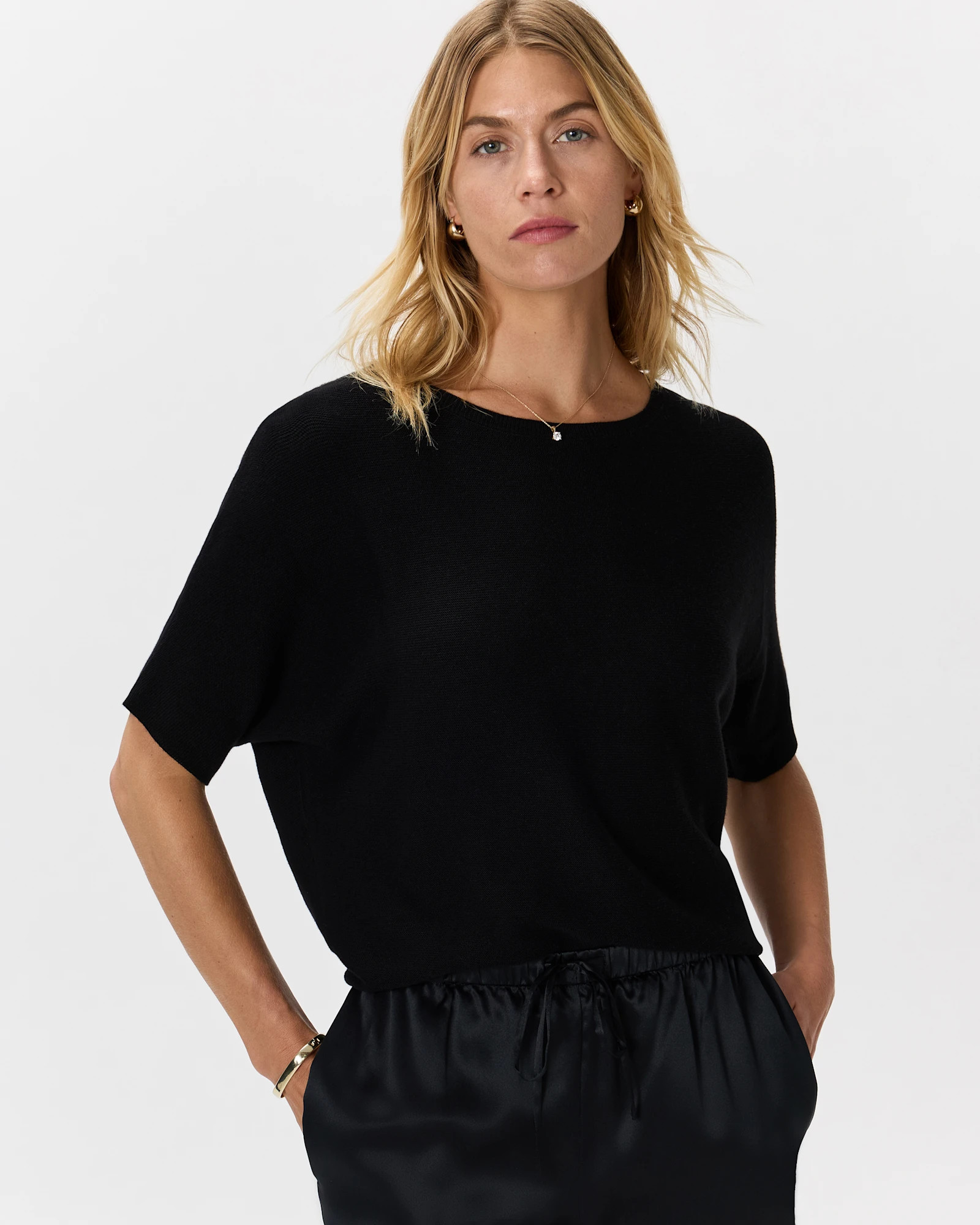 Quince | Women's Lightweight Cotton Cashmere Link-Stitch Dolman Sweater in Black, Size XL | Quince