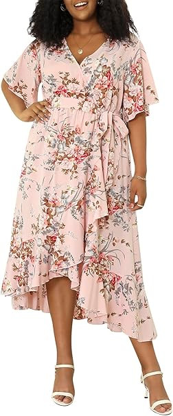 Plus Size Women Summer Floral Casual Maxi Dress with Pocket Asymmetrical Hem Short Sleeve V Neck | Amazon (US)