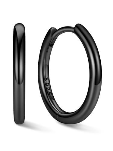 ChicSilver Sterling Silver Black Hoop Earrings for Women Black Huggie Earrings for Women Dainty Hoop Earring for Women 12MM | Amazon (US)