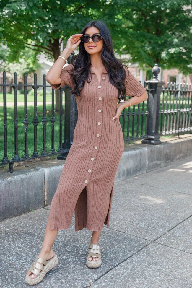 Have Some Faith Brown Knit Button Front Sweater Dress SALE | Pink Lily