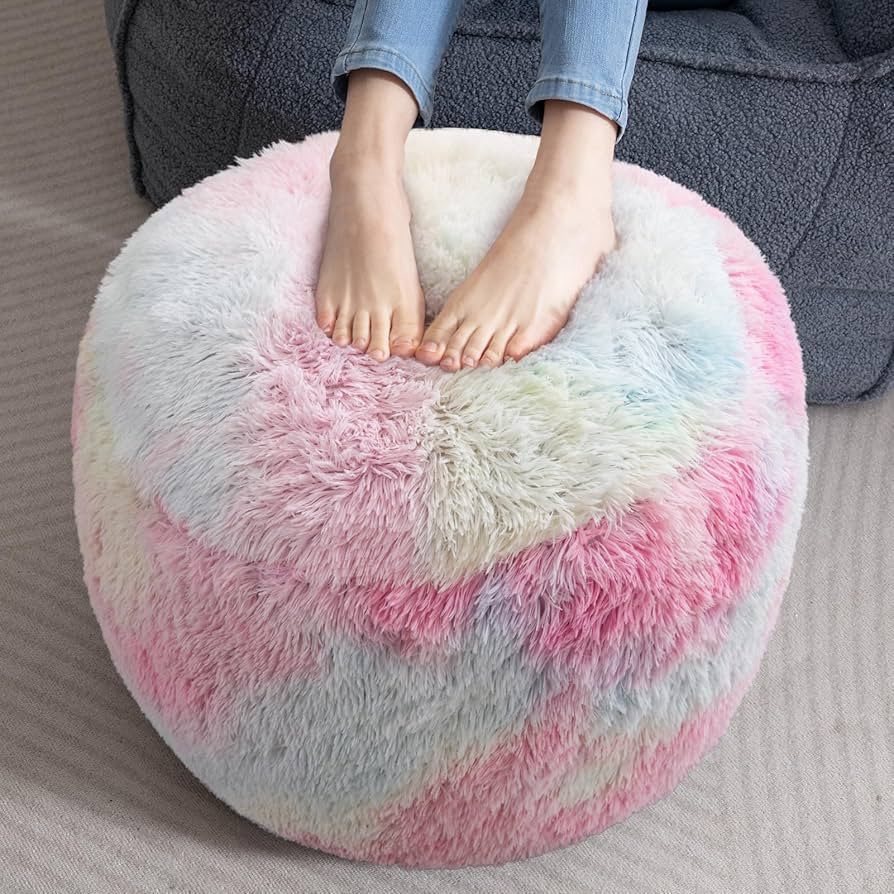 HIGOGOGO Round Stuffed Pouf Ottoman, Long Faux Fur Poufs with Foam Chunk Filling, Fluffy and Furr... | Amazon (US)