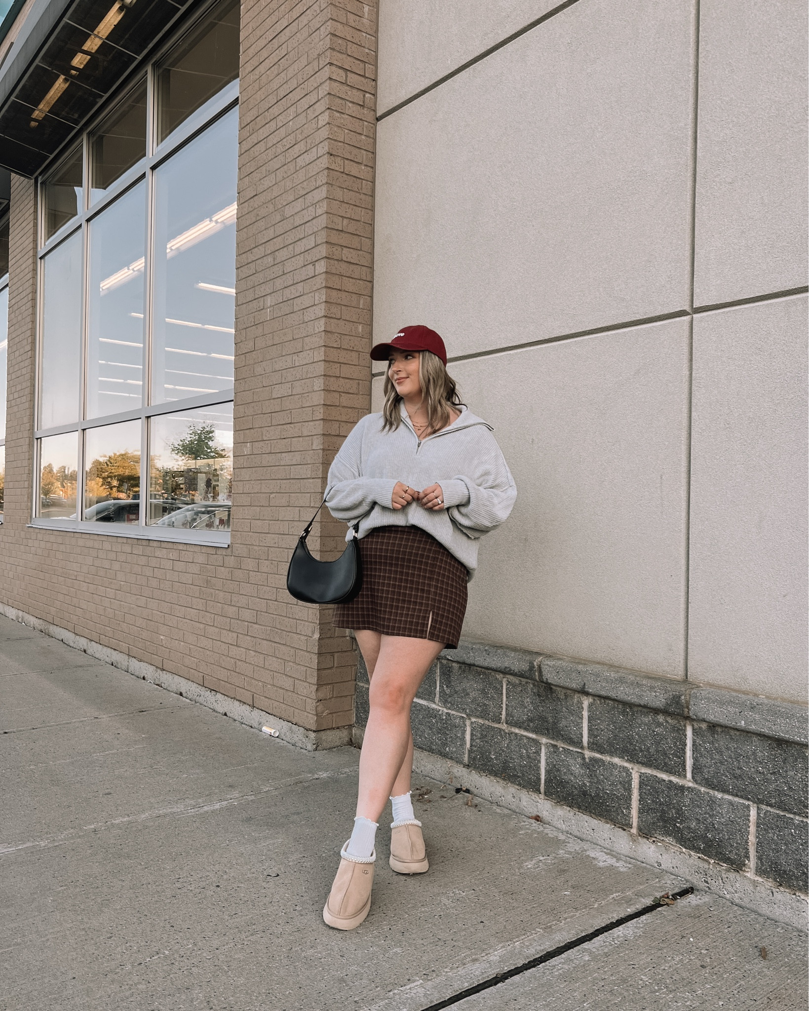 Midsize fall outfit - grey sweater (linked similar), brown plaid mini skirt (has built in shorts, sized up to XL), burgundy baseball cap, Ugg Tazz platforms (size up if between)


#LTKcanada #LTKautumn #LTKmidsize