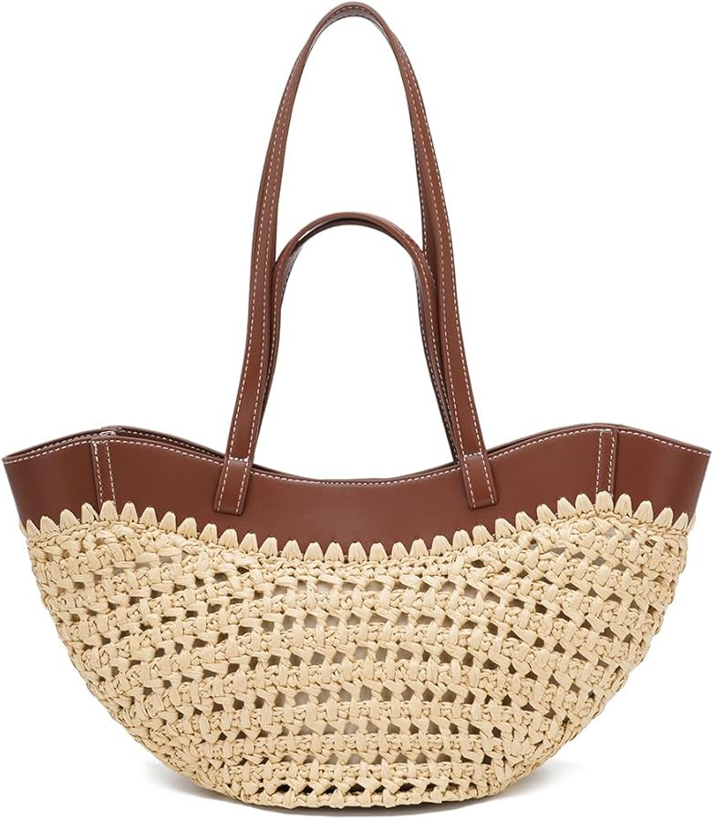 Large Straw Tote Bag for Women, Woven Summer Beach Bag with Leather Trim & Double Straps, Handmad... | Amazon (US)