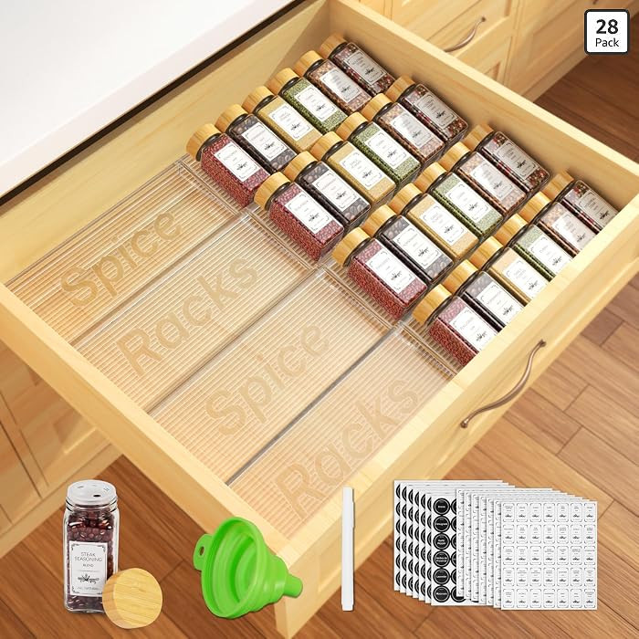24 Spice Jars with Spice Drawer Organizer, 355 Spice Labels, 2 Pack Expandable From 11'' to 21'' ... | Amazon (US)