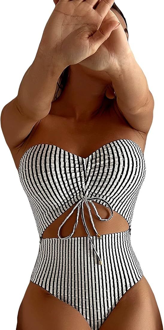 GORGLITTER Women's Striped One Piece Swimsuit Cut Out Tie Front Strapless Bathing Suit Monokini | Amazon (US)