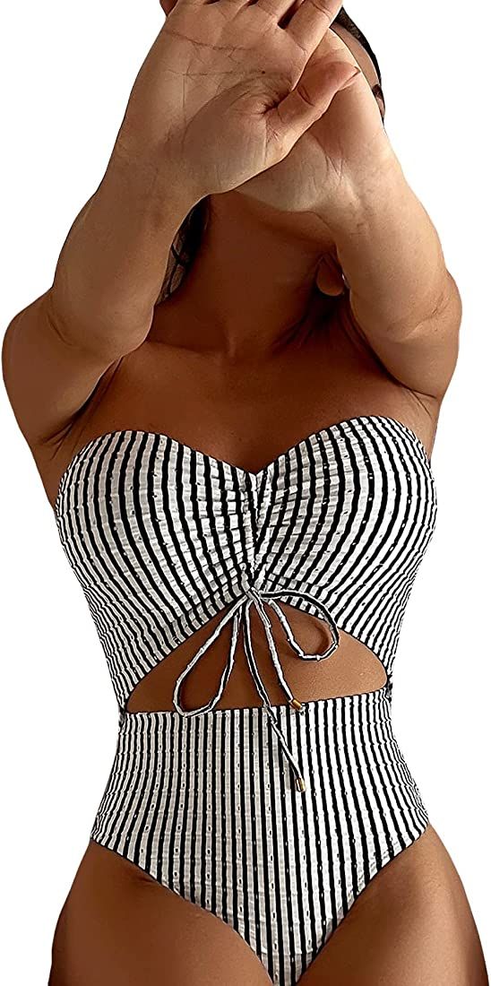 GORGLITTER Women's Striped One Piece Swimsuit Cut Out Tie Front Strapless Bathing Suit Monokini | Amazon (US)