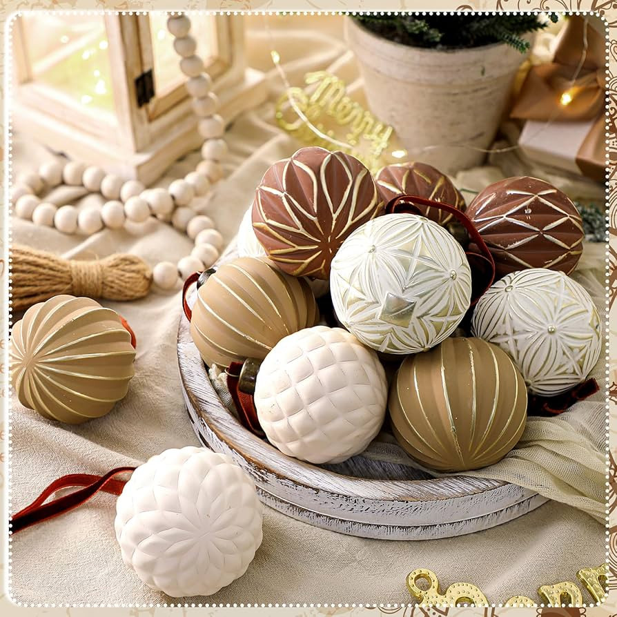 Bucherry 12 Pcs Neutral Textured Christmas Ball Ornaments 2.4 Inch White and Brown Vintage Rustic... | Amazon (US)