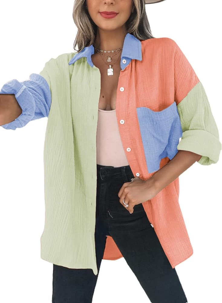Dokotoo Womens Color Block Button Down Shirts Long Sleeve Oversized Boyfriend Blouses Tops | Amazon (US)