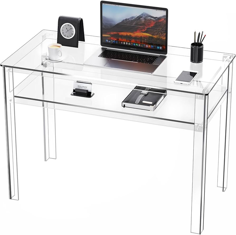 Clear Acrylic Desk with Open Storage, Home Office Computer Writing Desk Office Study Table (Clear... | Amazon (US)
