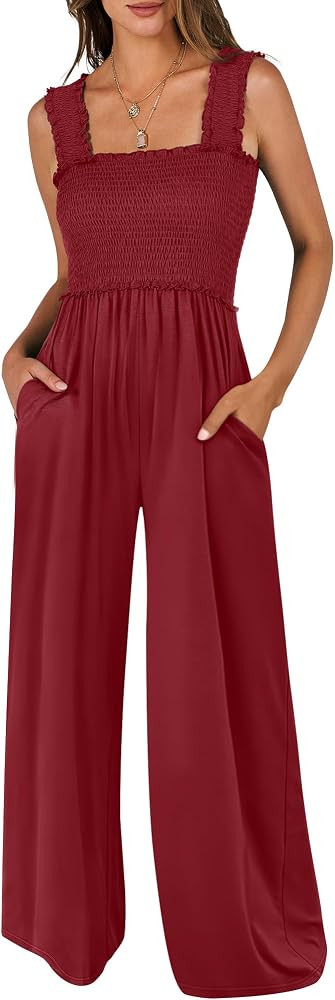 ANRABESS Jumpsuits for Women Casual, Smocked Sleeveless Wide Leg Comfy Rompers With Pockets, Summ... | Amazon (US)