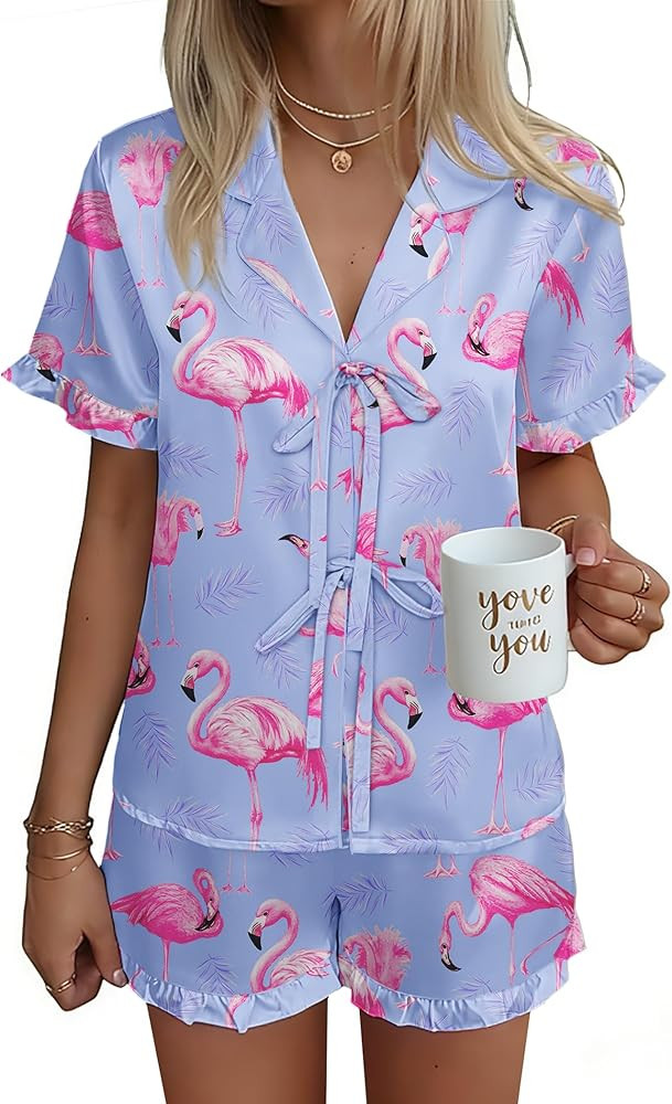 Ekouaer Satin Pajama for Women Short Sleeve Silky Pj Short Set Bow Front Tie Up Loungewear Sleepw... | Amazon (US)