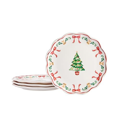 Bico Ribbon Christmas Scalloped Salad Plates Set of 4, 8.75 Inch Ceramic Dessert Plates for Salad, Appetizer, Side Dishes, Microwave and Dishwasher Safe, Gift for Housewarming and Christmas | Amazon (US)