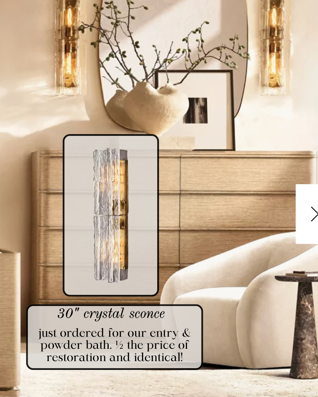 TRENDING NOW — 30" CRYSTAL WALL SCONCE — LUXURY LIGHTING DUPE This 30" CRYSTAL WALL SCONCE instantly elevates any space. I ordered these for our entryway and powder bath, and the look is identical to the designer version at a fraction of the price. The textured crystal gives off the most beautiful warm glow and adds that high-end luxury lighting feel. #Amazon #TheHillaryStyle #LuxuryLighting #CrystalSconce #DesignerLightingDupe #EntrywayLighting #PowderBathDecor #NeutralHomeStyle #HighEndLookForLess #HomeLightingInspo 

 #LTKU #LTKOver40 #LTKHome