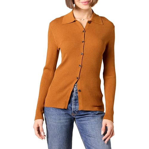Amazon Essentials Women's Fine Gauge Stretch Polo Ribbed Cardigan, Dark Caramel, Small | Amazon (US)