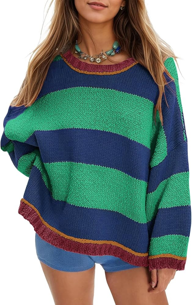 Womens Cute Colorful Sweater Knit Striped Crewneck Long Sleeve Loose Pullover Swaters Tops | Amazon (US)