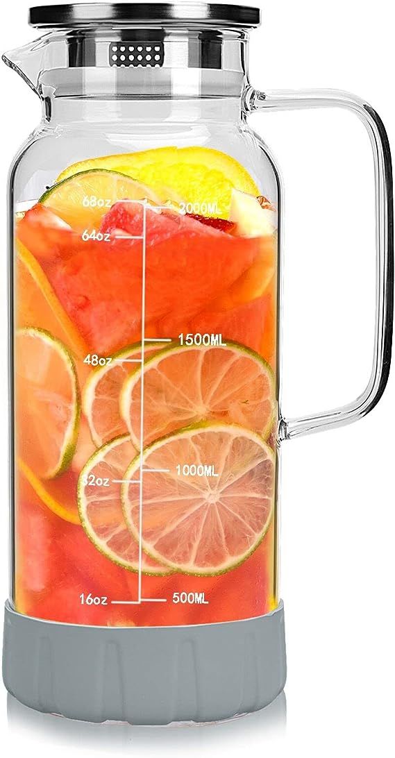 BOQO Glass Pitcher 68oz/2000ml,Pitcher with lid and Precise Scale Line,Tea Pitcher,Glass Water Ju... | Amazon (US)