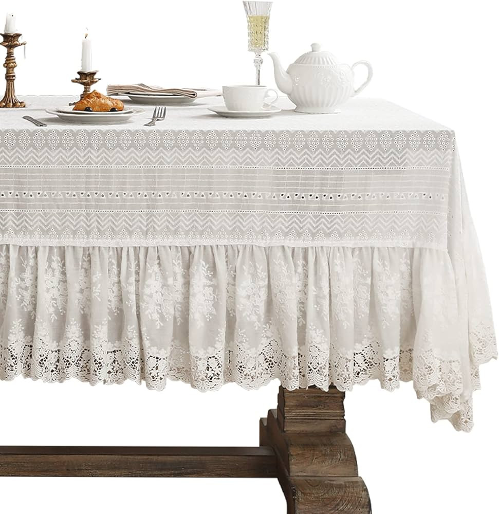 patdrea Vintage White Lace Tablecloth,Design Embroidered Cotton Ruffle Table Cloth for Rectangle ... | Amazon (US)