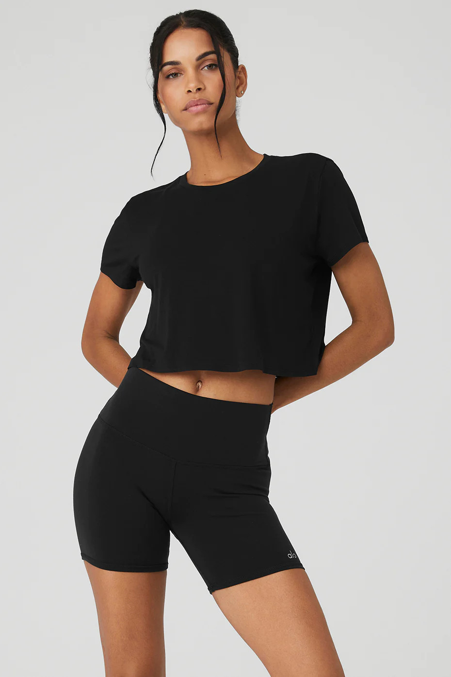 Alo Yoga� | Cropped All Day Short Sleeve Top in Black, Size: Small | Alo Yoga (US)